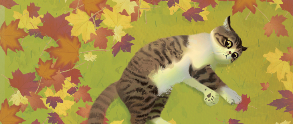 Cat lying on grass surrounded by fallen autumn leaves