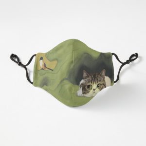 Fitted, adjustable face mask with a cat-and-bird design.