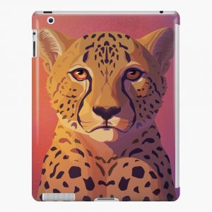 iPad case with cheetah portrait design. Yellow on pink background
