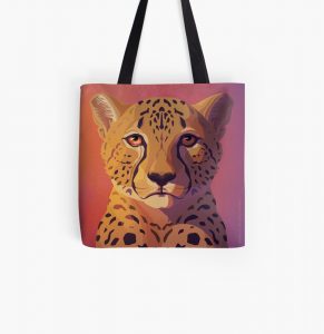 Canvas tote bag with cheetah portrait design. Yellow on pink background