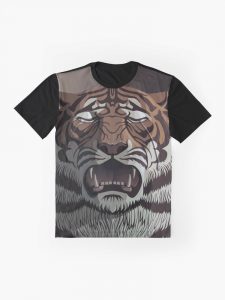 Short-sleeved T-shirt with graphic of tiger face printed in front. Black sleeves