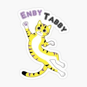 sticker of striped cat in colors of non-binary flag.