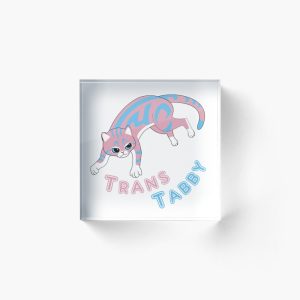 Square acrylic block with image of tabby cat in colors of transgender flag