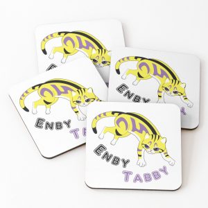 Set of 4 coasters with image of tabby cat in colors of non-binary flag